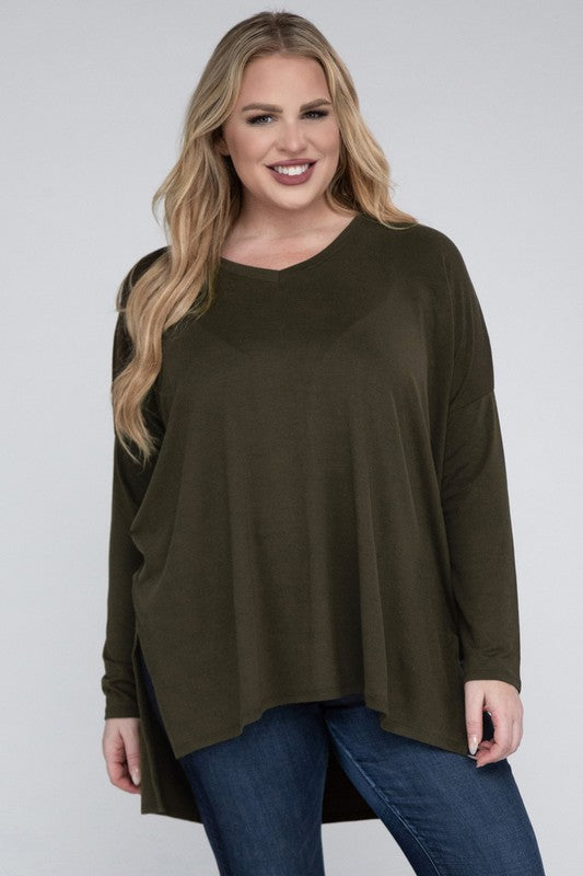 Hi Curvy Plus Size Women Dolman Sleeve V-Neck Side Slit Hi-Low Hem Top