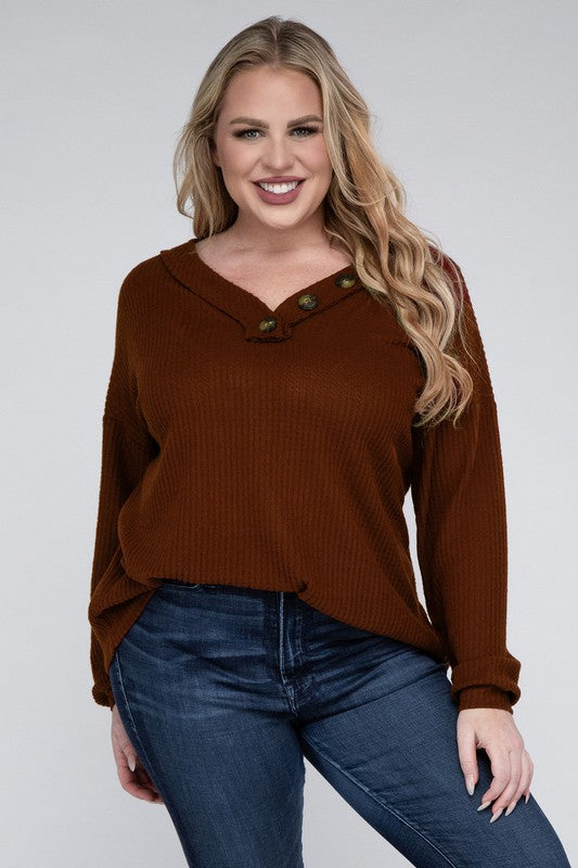 Hi Curvy Plus Size Women Brushed Waffle V-Neck Button Detail Sweater