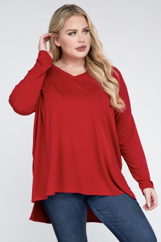 Hi Curvy Plus Size Women Dolman Sleeve V-Neck Side Slit Hi-Low Hem Top