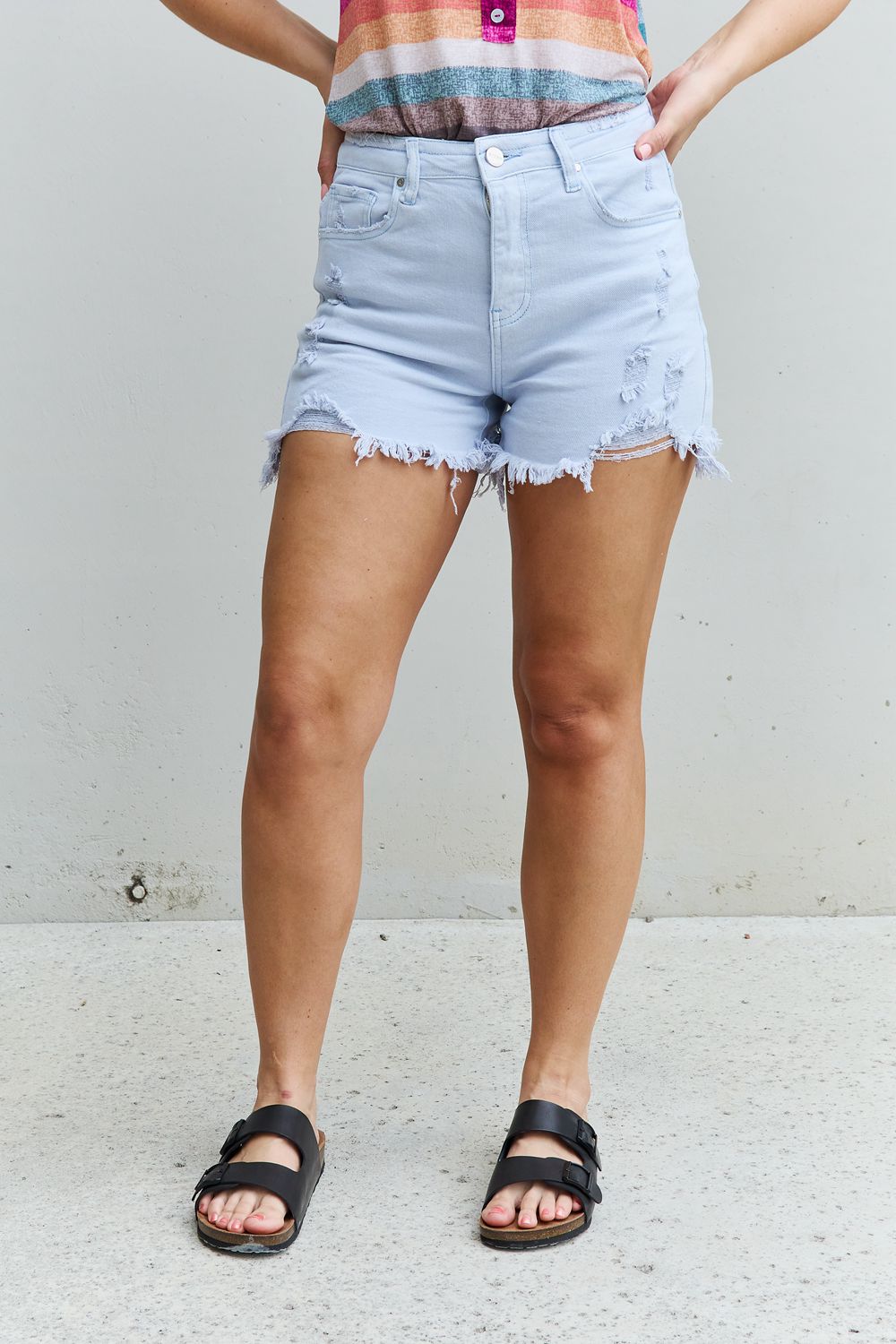 Full Size High Waisted Distressed Shorts in Ice Blue