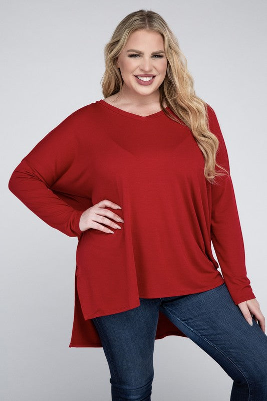 Hi Curvy Plus Size Women Dolman Sleeve V-Neck Side Slit Hi-Low Hem Top