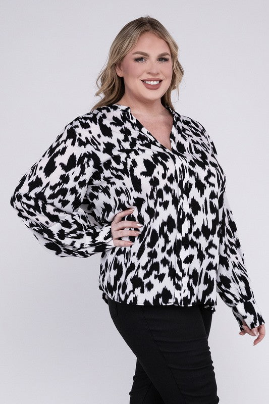 HI Curvy Plus Size Women Leopard Notched Neckline Blouse