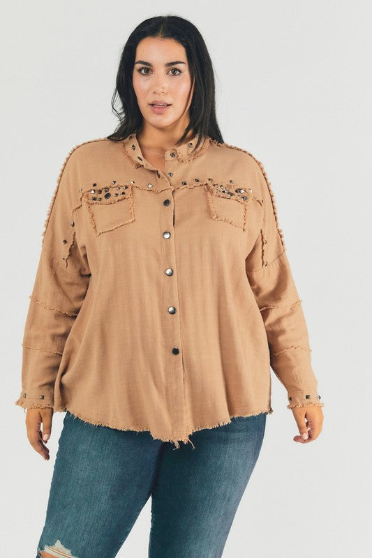 Hi Curvy Plus Size Women Distressed hem button down oversize shirt