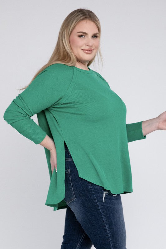 Plus Size Melange Baby Waffle Long Sleeve Top