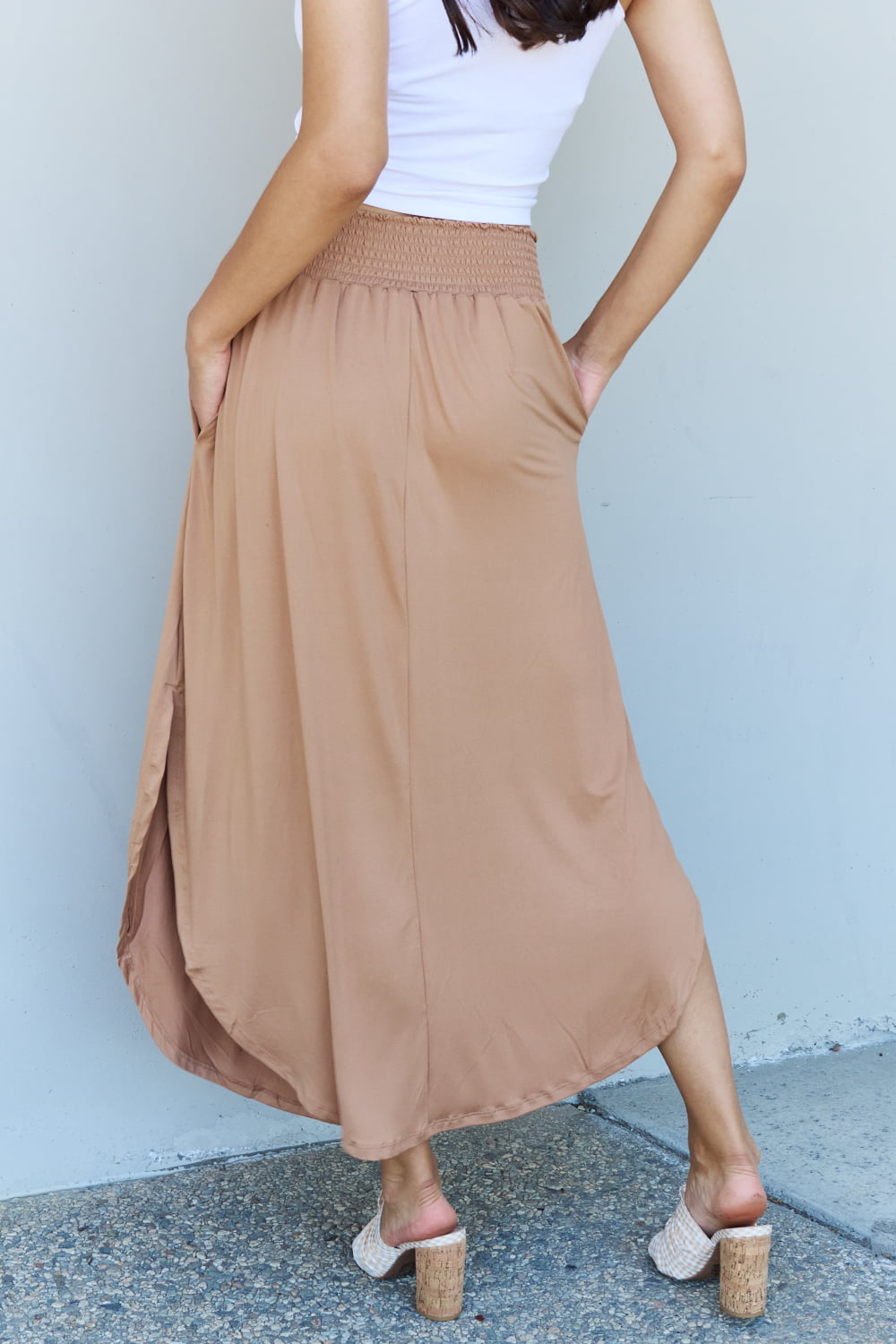 Full Size High Waist Scoop Hem Maxi Skirt in Tan