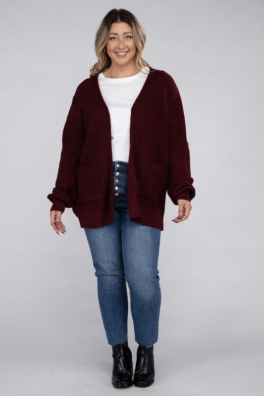 HI Curvy Plus Size Women Low Gauge Waffle Open Cardigan Sweater