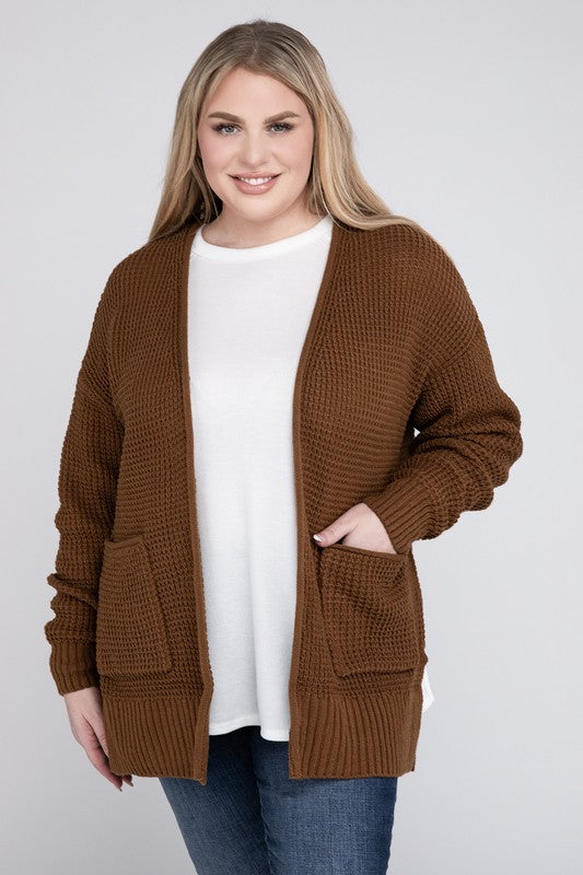 Hi Curvy Plus Size Women Low Gauge Waffle Open Cardigan Sweater