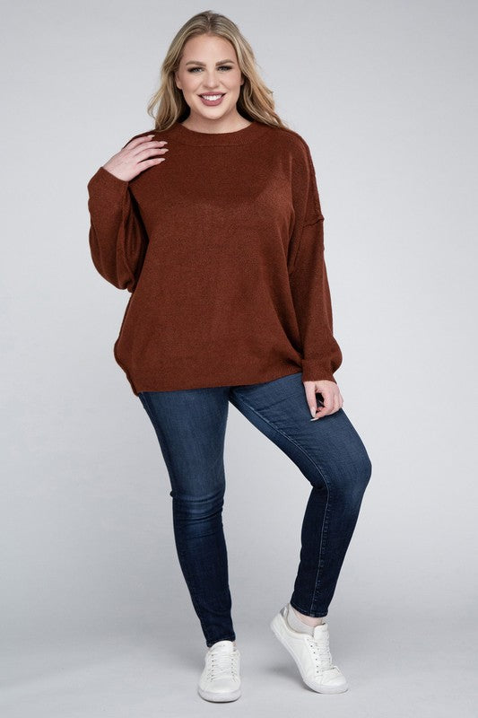 HI Curvy Plus Size Women Oversized Round Neck Raw Seam Melange Sweater