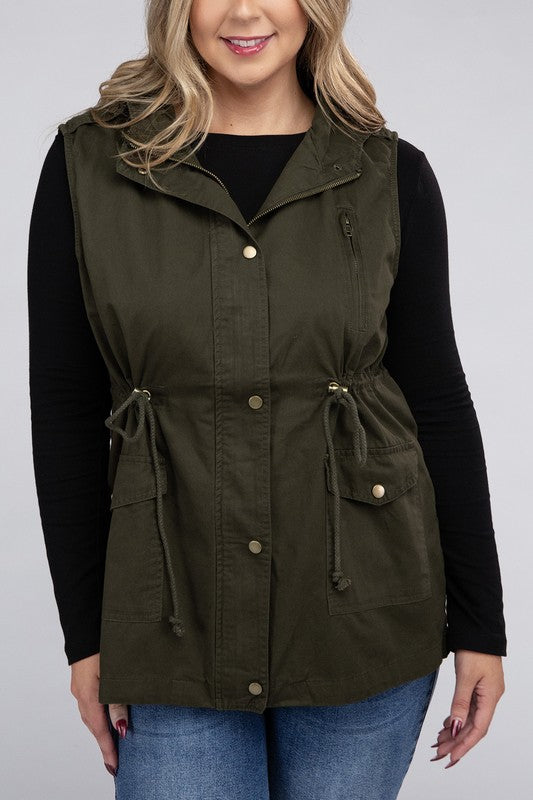 Hi Curvy Plus Size Women Drawstring Waist Military Hoodie Vest