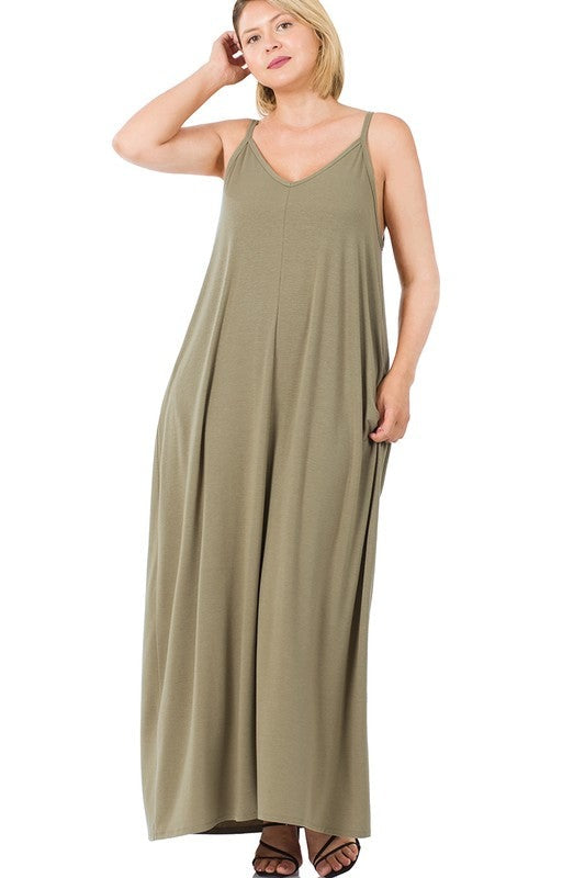 Hi Curvy Plus Size Women  V-Neck Cami Maxi Dress with Side Pockets