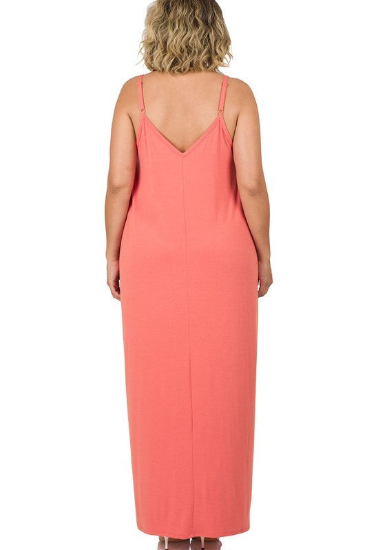 Hi Curvy Plus Size Women  V-Neck Cami Maxi Dress with Side Pockets