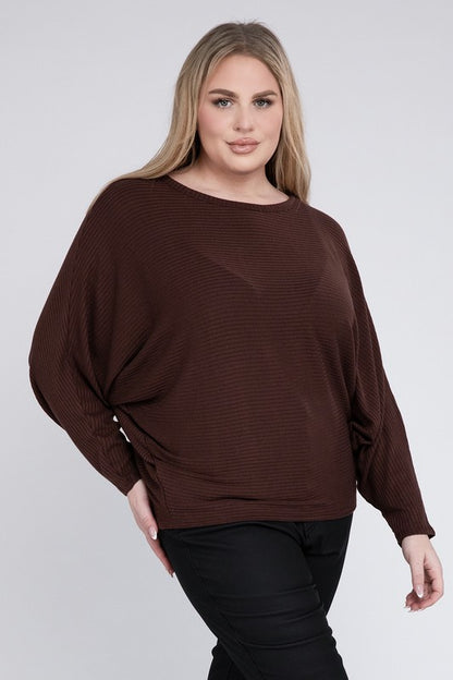 Hi Curvy Plus Size Women Ribbed Batwing Long Sleeve Boat Neck Sweater