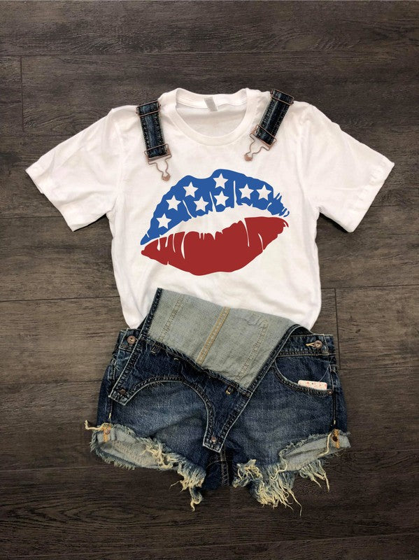 Plus Size Crew Neck Patriotic Lips Print T-Shirt