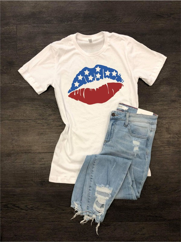 Plus Size Crew Neck Patriotic Lips Print T-Shirt