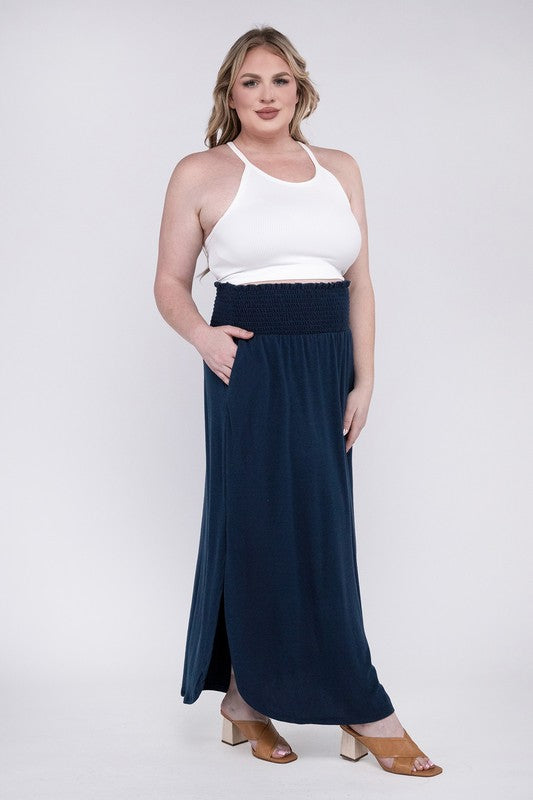 Hi Curvy Plus Size Women Smocked Waist Side Slit Maxi Skirt w/ Pockets