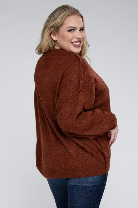 HI Curvy Plus Size Women Oversized Round Neck Raw Seam Melange Sweater