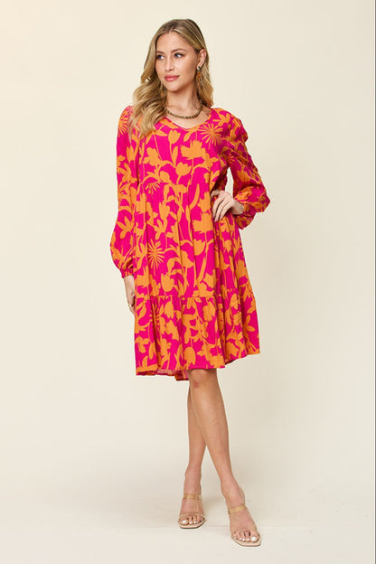 Full Size Printed Ruffle Hem Dress with Pocket