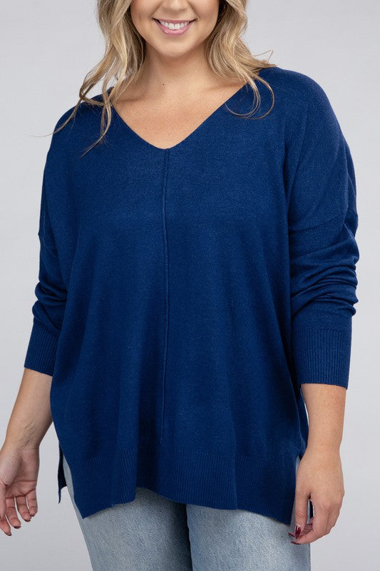 Hi Curvy Plus Size Women Garment Dyed Front Seam Sweater