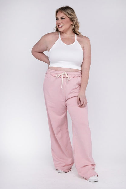 Hi Curvy Plus Size Women F/Terry Drawstring Waist Raw Edge Hem Pants