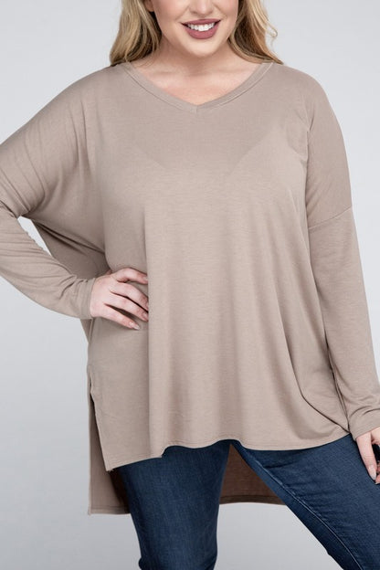 Hi Curvy Plus Size Women Dolman Sleeve V-Neck Side Slit Hi-Low Hem Top