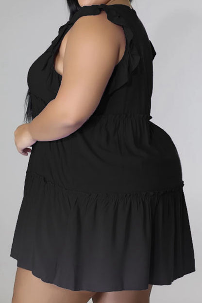 HI Curvy Plus Size Women V-Neck Frill Trim Mini Dress