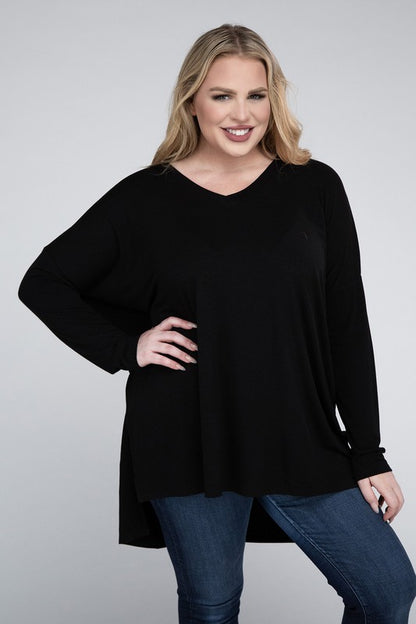 Hi Curvy Plus Size Women Dolman Sleeve V-Neck Side Slit Hi-Low Hem Top