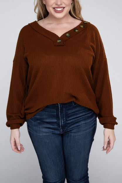 Hi Curvy Plus Size Women Brushed Waffle V-Neck Button Detail Sweater