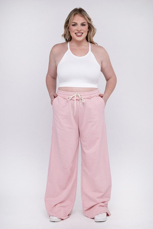 Hi Curvy Plus Size Women F/Terry Drawstring Waist Raw Edge Hem Pants