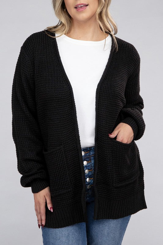 HI Curvy Plus Size Women Low Gauge Waffle Open Cardigan Sweater