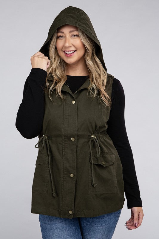 Hi Curvy Plus Size Women Drawstring Waist Military Hoodie Vest