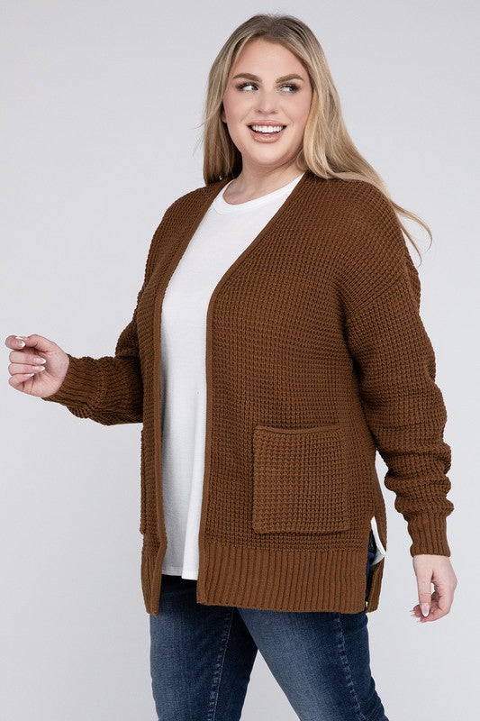 Hi Curvy Plus Size Women Low Gauge Waffle Open Cardigan Sweater