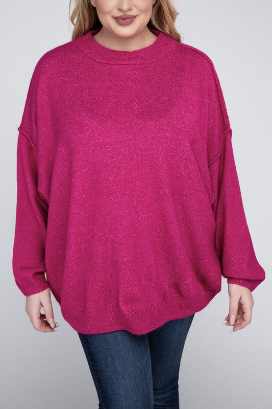 HI Curvy Plus Size Women Oversized Round Neck Raw Seam Melange Sweater