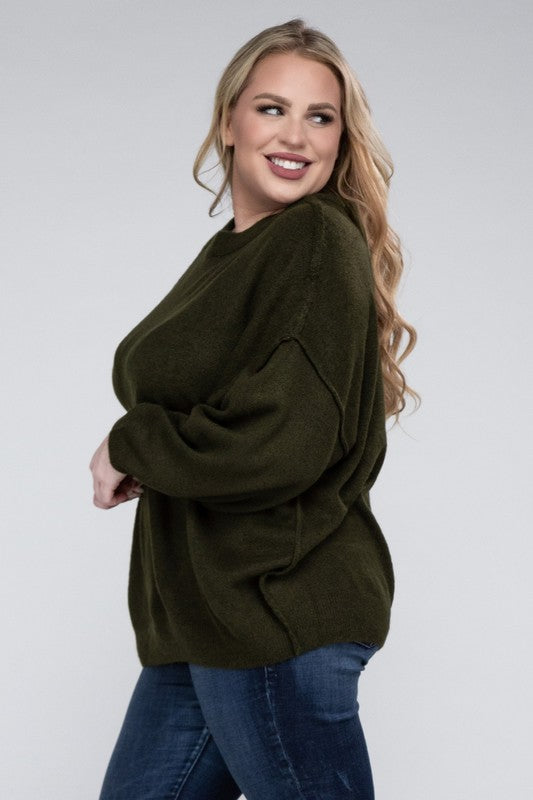 HI Curvy Plus Size Women Oversized Round Neck Raw Seam Melange Sweater