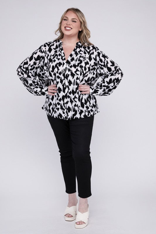 HI Curvy Plus Size Women Leopard Notched Neckline Blouse