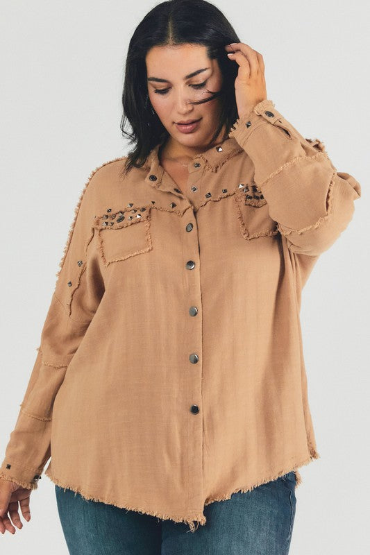 Hi Curvy Plus Size Women Distressed hem button down oversize shirt