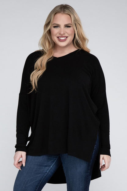 Hi Curvy Plus Size Women Dolman Sleeve V-Neck Side Slit Hi-Low Hem Top