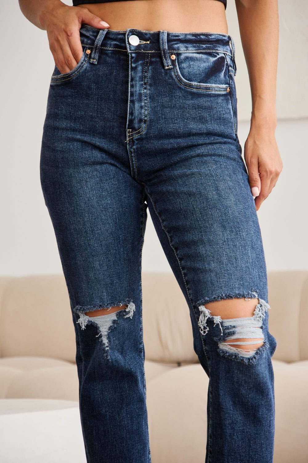 Full Size Tummy Control Distressed High Waist Raw Hem Jeans