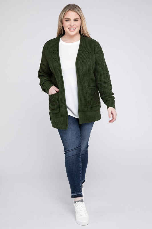 Hi Curvy Plus Size Women Low Gauge Waffle Open Cardigan Sweater