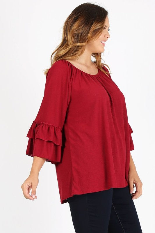 HI Curvy Plus Size Women Knit 3/4 Sleeve Double Layer Ruffle Sleeve Top