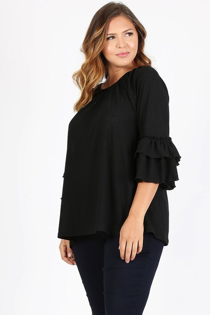 HI Curvy Plus Size Women Knit 3/4 Sleeve Double Layer Ruffle Sleeve Top