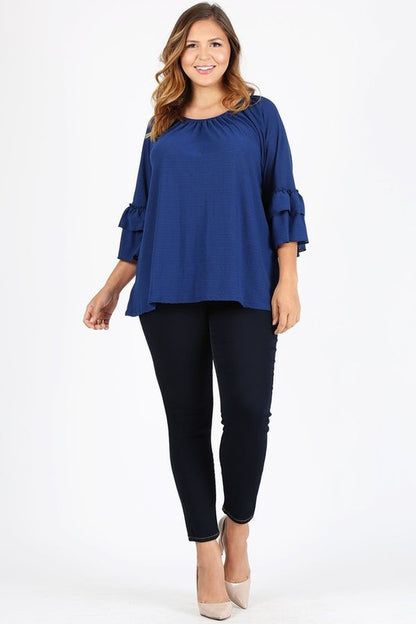 HI Curvy Plus Size Women Knit 3/4 Sleeve Double Layer Ruffle Sleeve Top