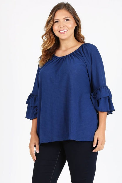 HI Curvy Plus Size Women Knit 3/4 Sleeve Double Layer Ruffle Sleeve Top