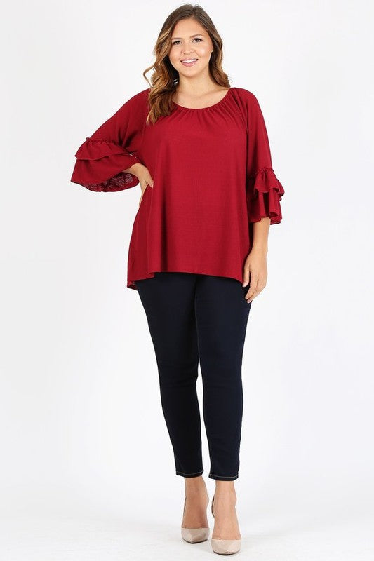 HI Curvy Plus Size Women Knit 3/4 Sleeve Double Layer Ruffle Sleeve Top