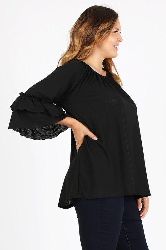 HI Curvy Plus Size Women Knit 3/4 Sleeve Double Layer Ruffle Sleeve Top