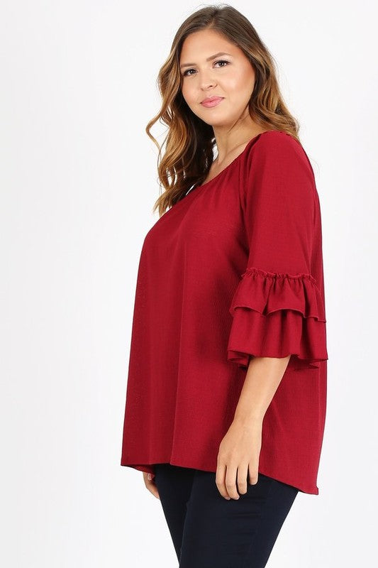 HI Curvy Plus Size Women Knit 3/4 Sleeve Double Layer Ruffle Sleeve Top