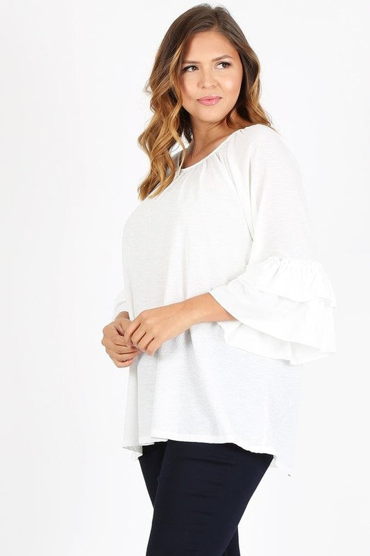 HI Curvy Plus Size Women Knit 3/4 Sleeve Double Layer Ruffle Sleeve Top