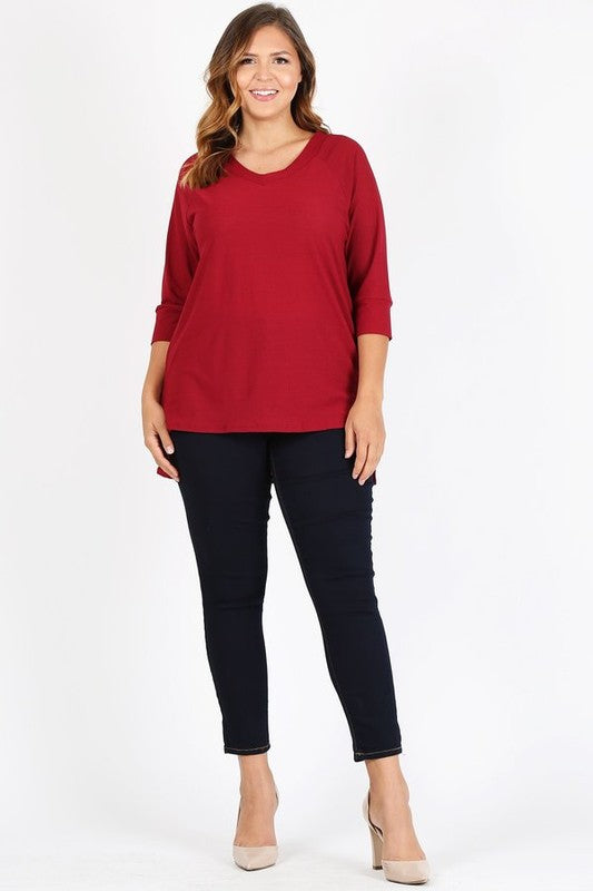 HI Curvy Plus Size Women Knit V-Neck Hi-Low Top