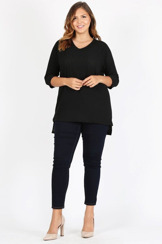 HI Curvy Plus Size Women Knit V-Neck Hi-Low Top