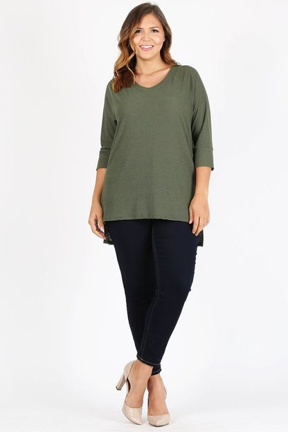 HI Curvy Plus Size Women Knit V-Neck Hi-Low Top