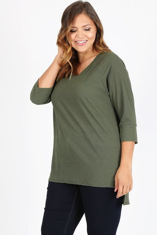 HI Curvy Plus Size Women Knit V-Neck Hi-Low Top